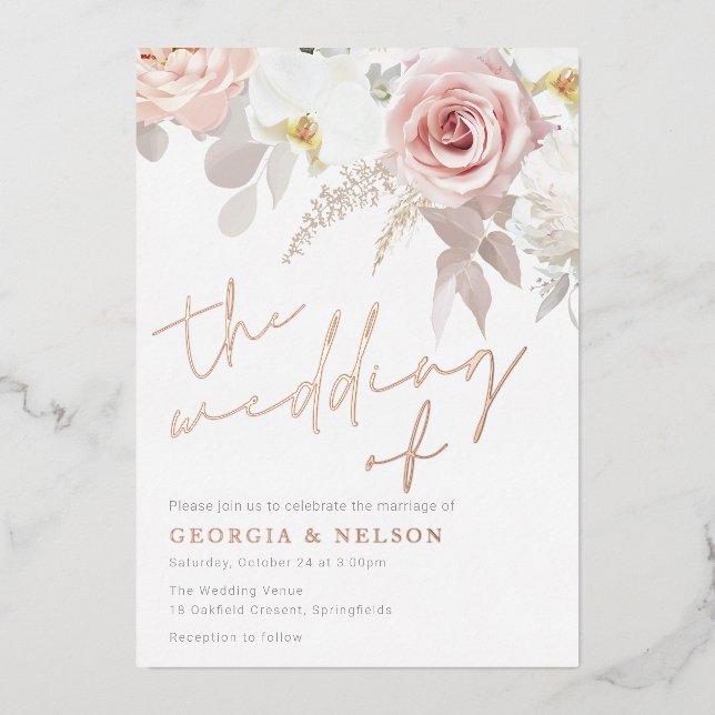 Invitation En Aluminium Mariage floral moderne blanc et blanc (Recto)