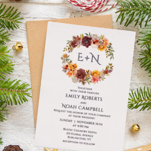 Invitation En Aluminium Mariage Floral Monogramme Feuille Automne Rustique