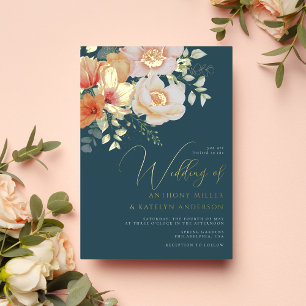 Invitation En Aluminium Mariage floral orange et bleu Turquoise