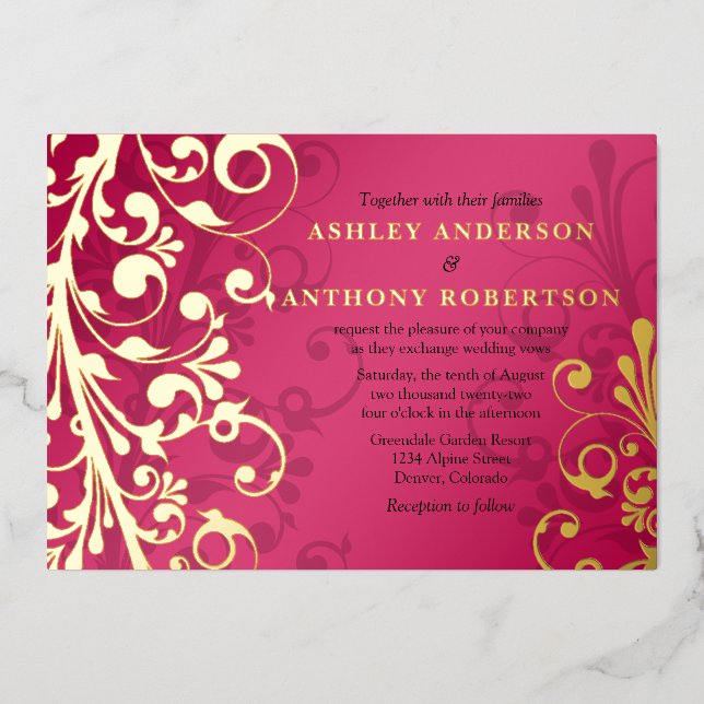 Invitation En Aluminium Mariage floral Raspberry Pink Real Gold (Recto)