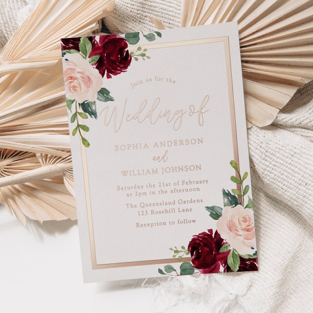 Invitation En Aluminium Mariage Floral rose Gold, Blush et Bourgogne (Créateur téléchargé)