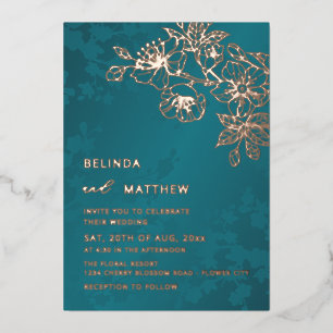 Invitation En Aluminium Mariage Floral Rose Gold et Sarcelle