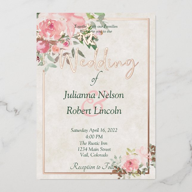 Invitation En Aluminium Mariage floral rose pâle (Recto)