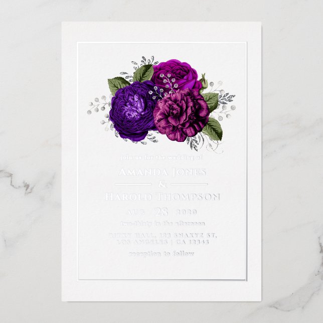 Invitation En Aluminium Mariage floral violet, violet, prune et argent (Recto)