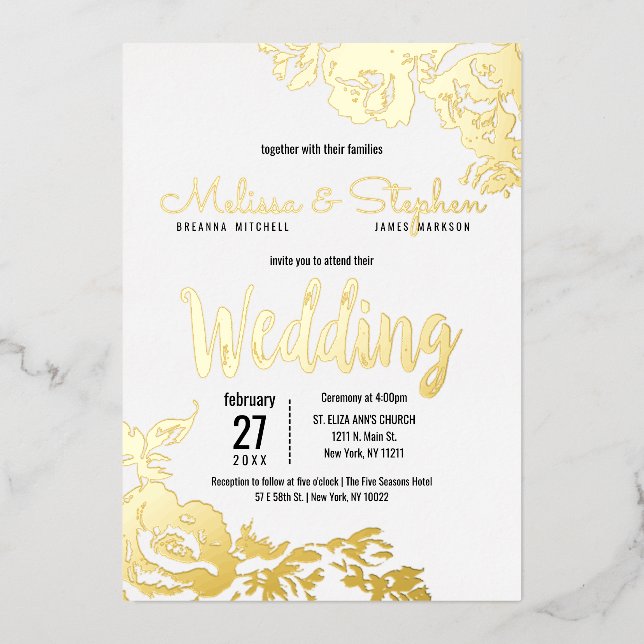 Invitation En Aluminium Mariage Floral Vrai Or Blanc (Recto)