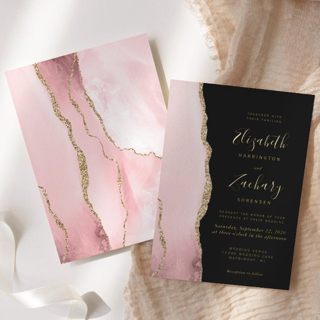Invitation En Aluminium Mariage foncé moderne Blush Rose Or Agate (Créateur téléchargé)