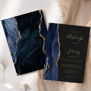 Invitation En Aluminium Mariage foncé moderne Gold Navy Blue Agate