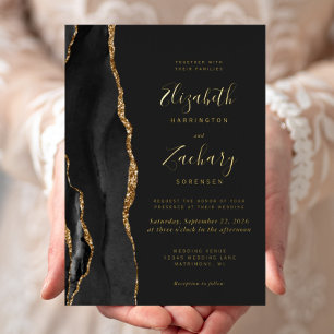 Invitation En Aluminium Mariage foncé moderne Noir Or Agate