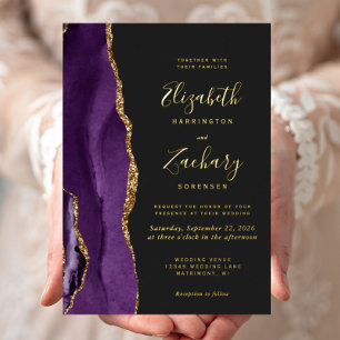 Invitation En Aluminium Mariage foncé moderne violet or Agate