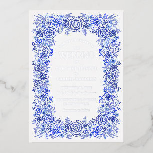 Invitation En Aluminium Mariage français floral en chinoiserie argent bleu