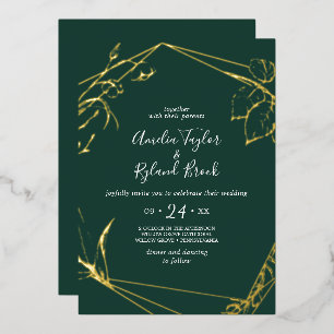 Invitation En Aluminium Mariage frontal floral doré émeraude