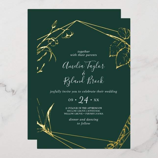 Invitation En Aluminium Mariage frontal floral doré émeraude (Recto/Verso)