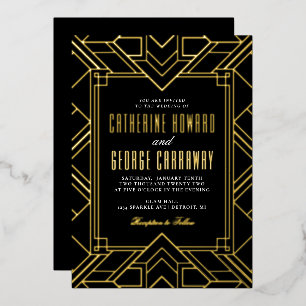Invitation En Aluminium Mariage Gatsby Géométrique Noir et Or