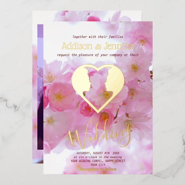 Invitation En Aluminium Mariage gay - Cerisier rose & OR (Recto/Verso)