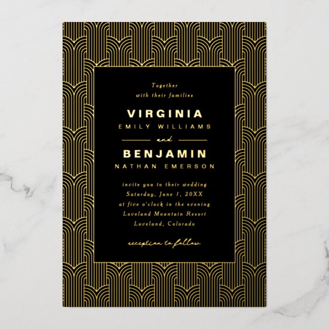 Invitation En Aluminium Mariage géométrique en or noir (Recto)