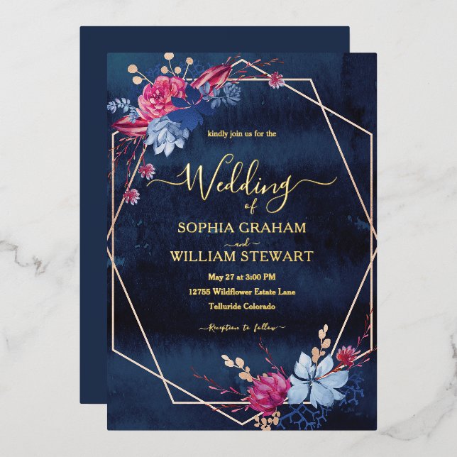 Invitation En Aluminium Mariage géométrique floral bleu marine (Recto/Verso)