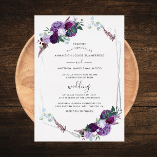 Invitation En Aluminium Mariage Géométrique Floral Violet Argent Rose Doré