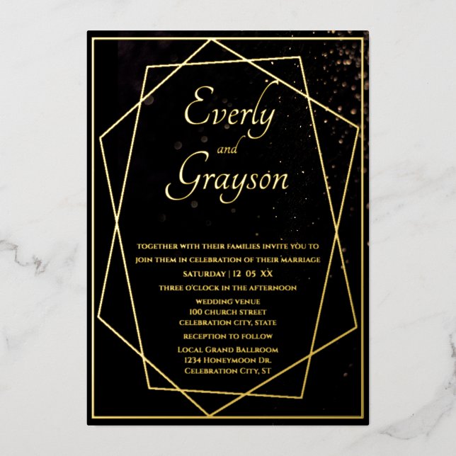 Invitation En Aluminium Mariage géométrique noir et or (Recto)