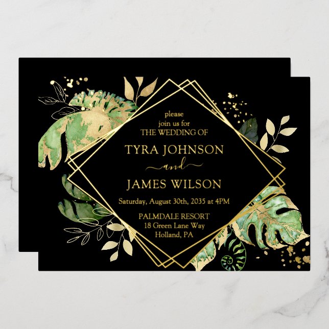 Invitation En Aluminium Mariage géométrique Tropical Noir & Or (Recto/Verso)