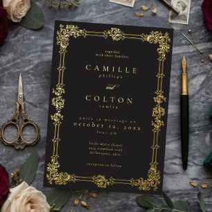 Invitation En Aluminium Mariage gothique à l'ancienne orné d'or noir