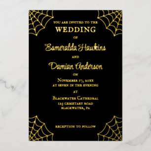 Invitation En Aluminium Mariage gothique noir et or Toile d'araignée