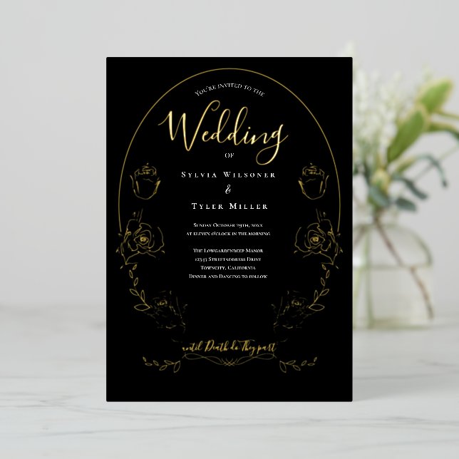 Invitation En Aluminium Mariage gothique noir floral (Debout devant)