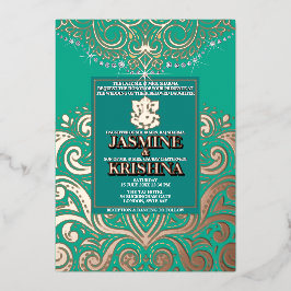 Invitation En Aluminium Mariage hindou LuxGlitter Peacock PinkGold Ganesha