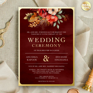 Invitation En Aluminium Mariage indien floral bordeaux photo or