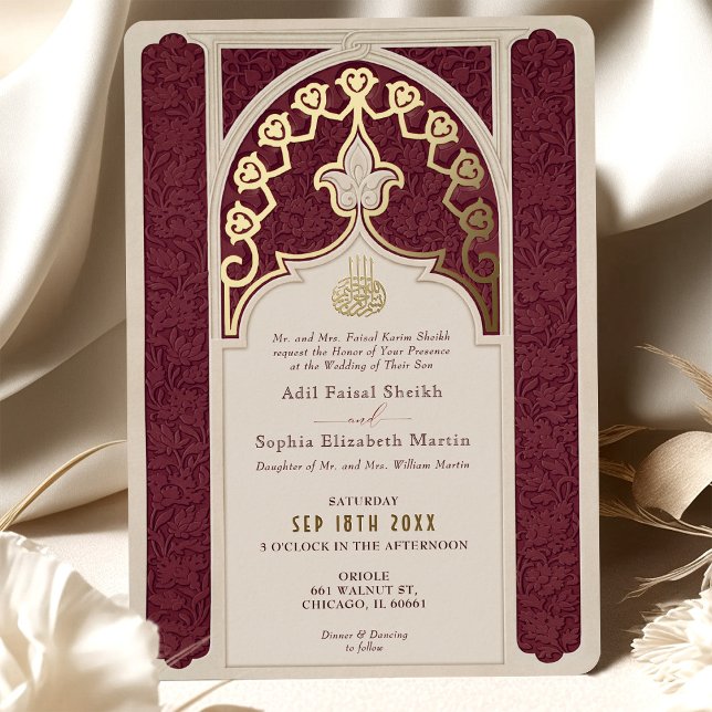 Invitation En Aluminium Mariage islamique de Bourgogne et de Gold Foil (Créateur téléchargé)