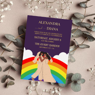 Invitation En Aluminium Mariage LGBTQ de deux mariées arc-en-ciel moderne