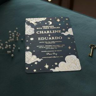 Invitation En Aluminium Mariage Lune & Étoiles en Or Céleste
