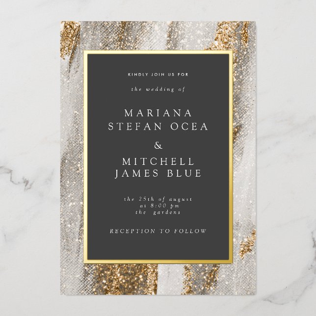 Invitation En Aluminium Mariage Luxe Marbre Doré Paillettes (Recto)