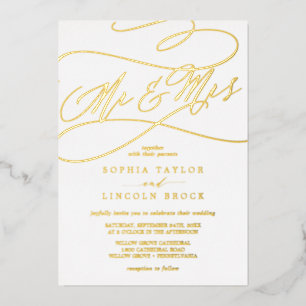 Invitation En Aluminium Mariage M. et Mme calligraphie feuille d'or romant