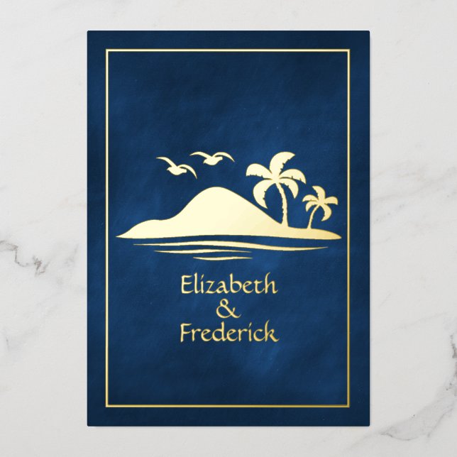 Invitation En Aluminium Mariage Marine et Gold Tropical Beach (Recto)