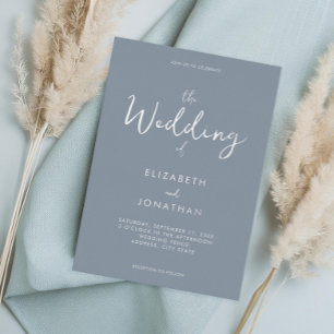 Invitation En Aluminium Mariage Minimaliste Calligraphie Bleu Poussiéreux