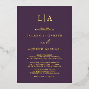Invitation En Aluminium Mariage minimaliste Monogramme feuille d'or prune