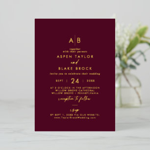 Invitation En Aluminium Mariage Moderne avec Monogramme Burgundy et Feuill