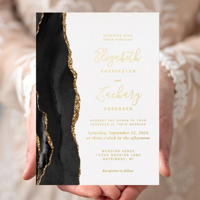 Invitation En Aluminium Mariage moderne Black Gold Agate (Créateur téléchargé)