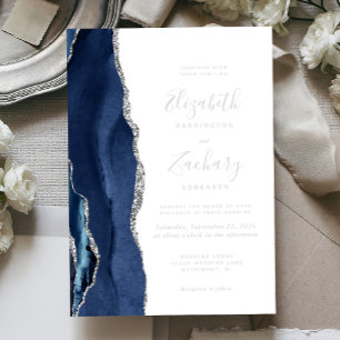 Invitation En Aluminium Mariage Moderne Bleu Nuit Agate Argent