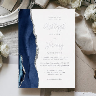 Invitation En Aluminium Mariage Moderne Bleu Nuit Agate Argent