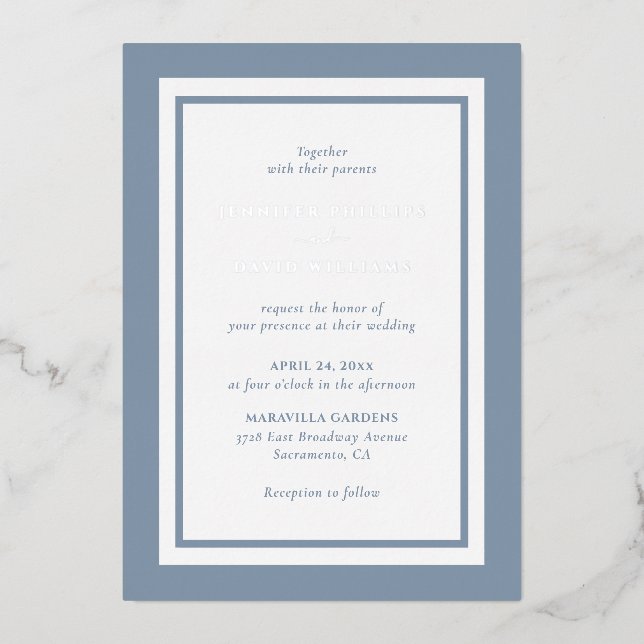 Invitation En Aluminium Mariage Moderne Bleu Poussiéreux Argent (Recto)