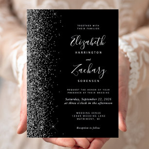 Invitation En Aluminium Mariage Moderne Bordure Pailletée Argent Noir