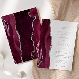 Invitation En Aluminium Mariage moderne Burgundy Red Silver Agate