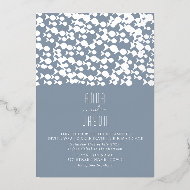 Invitation En Aluminium Mariage moderne Dusty Blue Beach (Recto)