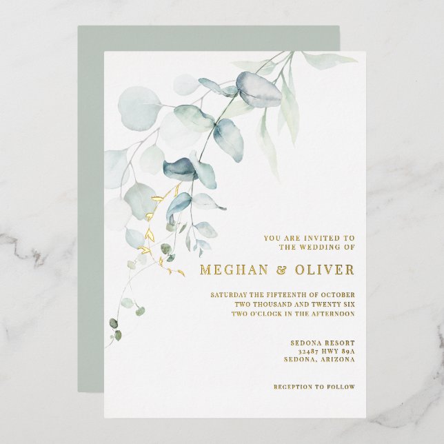 Invitation En Aluminium MARIAGE | Moderne Elégant Eucalyptus verdure (Recto/Verso)