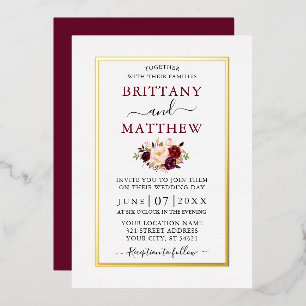 Invitation En Aluminium Mariage Moderne Élégant Floral Bourgogne Or