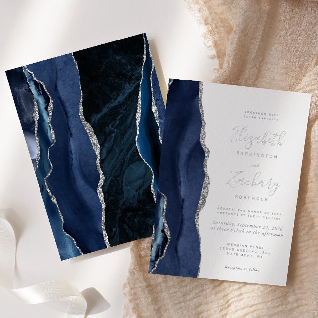 Invitation En Aluminium Mariage moderne Marine Blue Silver Agate (Créateur téléchargé)
