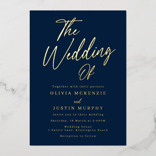 Invitation En Aluminium Mariage moderne Marine & Or Golden (Recto)