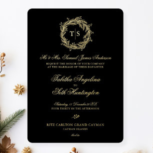 Invitation En Aluminium Mariage Moderne Monogramme Or Noir