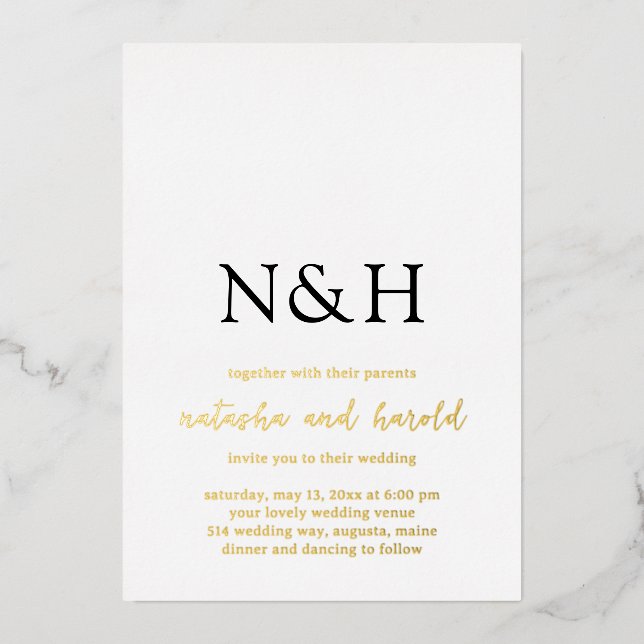 Invitation En Aluminium Mariage Moderne Noir et Blanc Monogramme Gras (Recto)